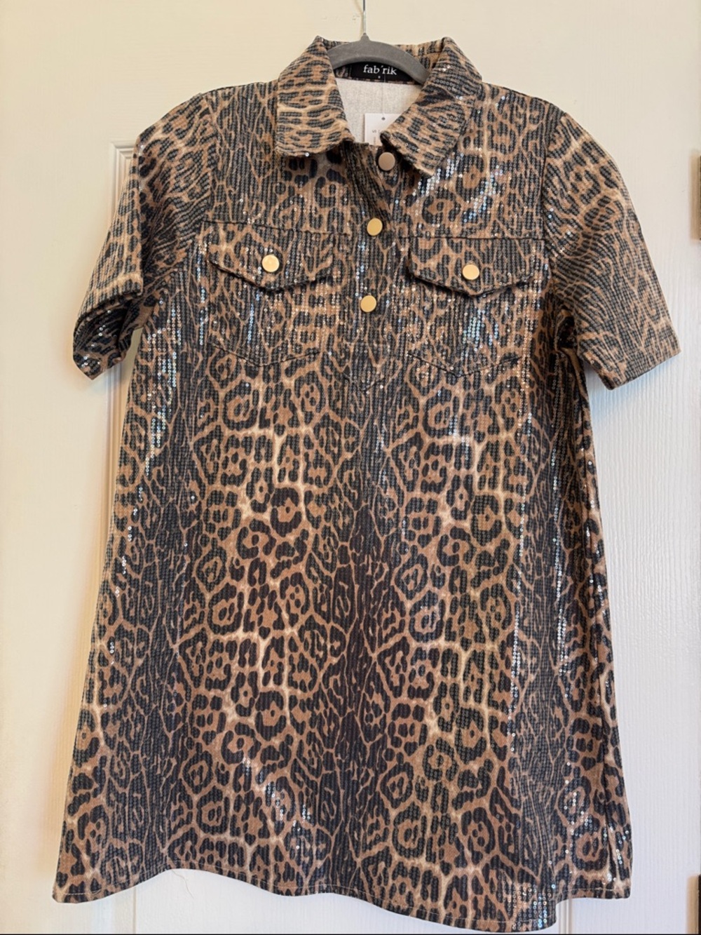 fab'rik Leopard Sequin Button-Down Shirt Dress - Brown & Black